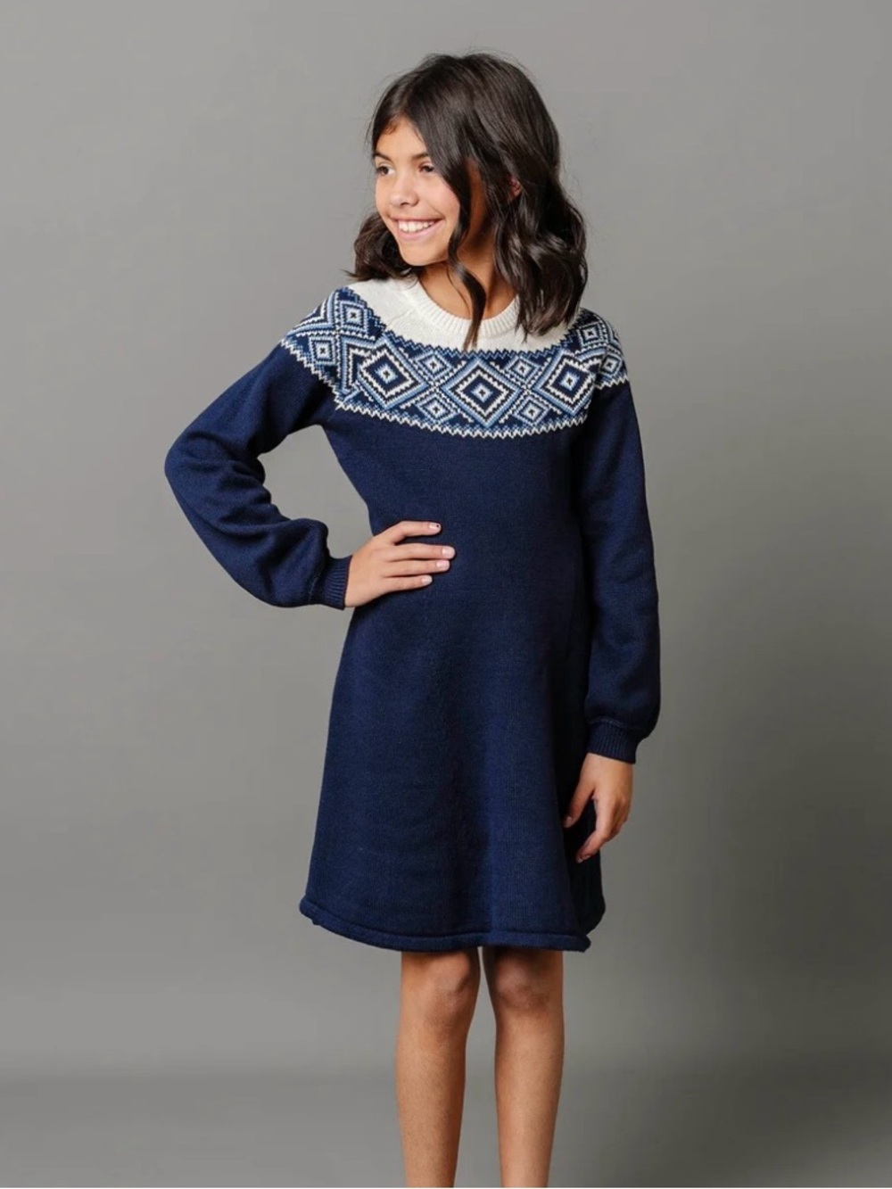 Hope & Henry Little Girls' Organic Cotton Navy Fair Isle Raglan Sweater Dress 7